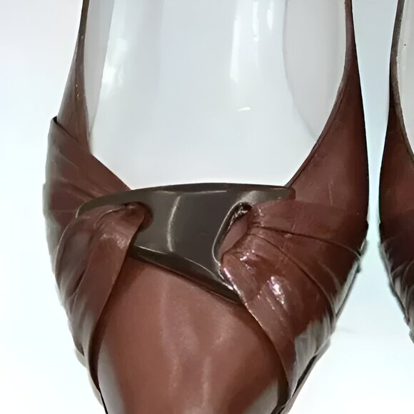 Palizzio Spanish Brown-Burgundy Leather Structured Twist Cone Pumps Heels 9 - Picture 9 of 13